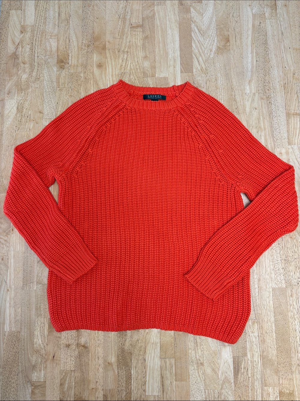 NWT Lauren Ralph Lauren Orange Shaker Knit Cotton Crewneck Sweater 100% Cotton M